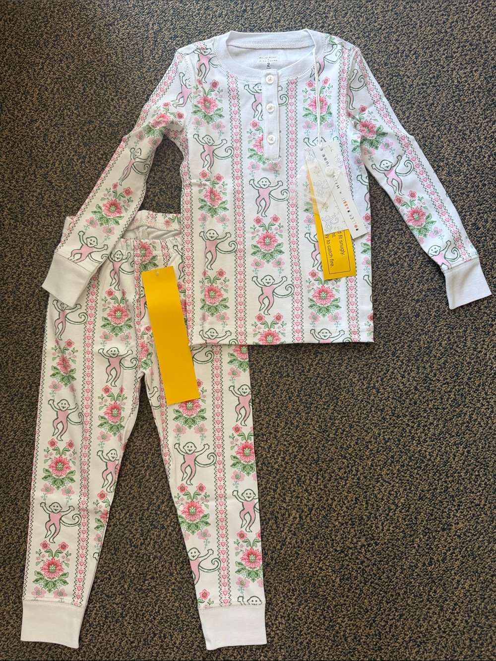 Roller Rabbit x Hill HouKids Long Sleeve Floral Monkey Pajama Set - White & Pink